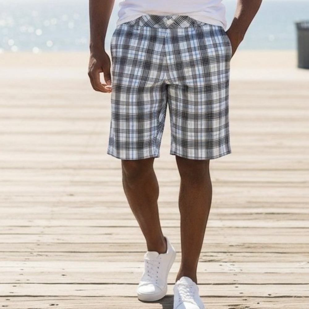 Fila Sport Golf Shorts Mens 40 White Blue Black Plaid Performance Athletic